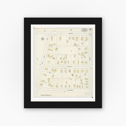 Old map wall art mockup — black gallery frame with white mat — Sanborn Fire Insurance Map from Coldwater, Branch County, Michigan (1897), Sheet #0009