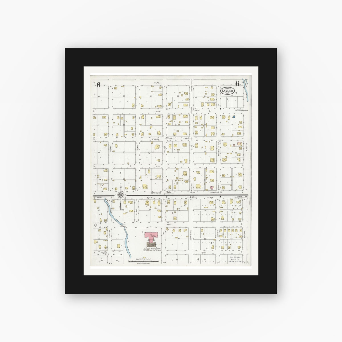 Old map wall art mockup — black gallery frame with white mat — Sanborn Fire Insurance Map from Snyder, Scurry County, Texas (1927), Sheet #0006