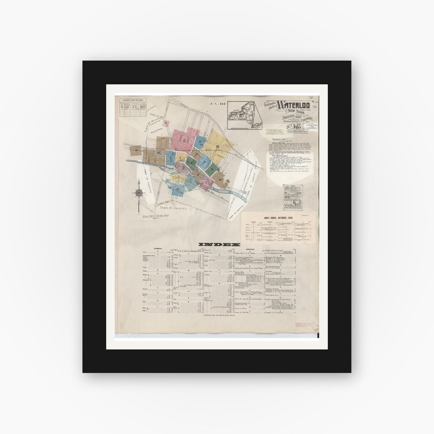 Old map wall art mockup — black gallery frame with white mat — Sanborn Fire Insurance Map from Waterloo, Seneca County, New York (1948) - Complete Map Set