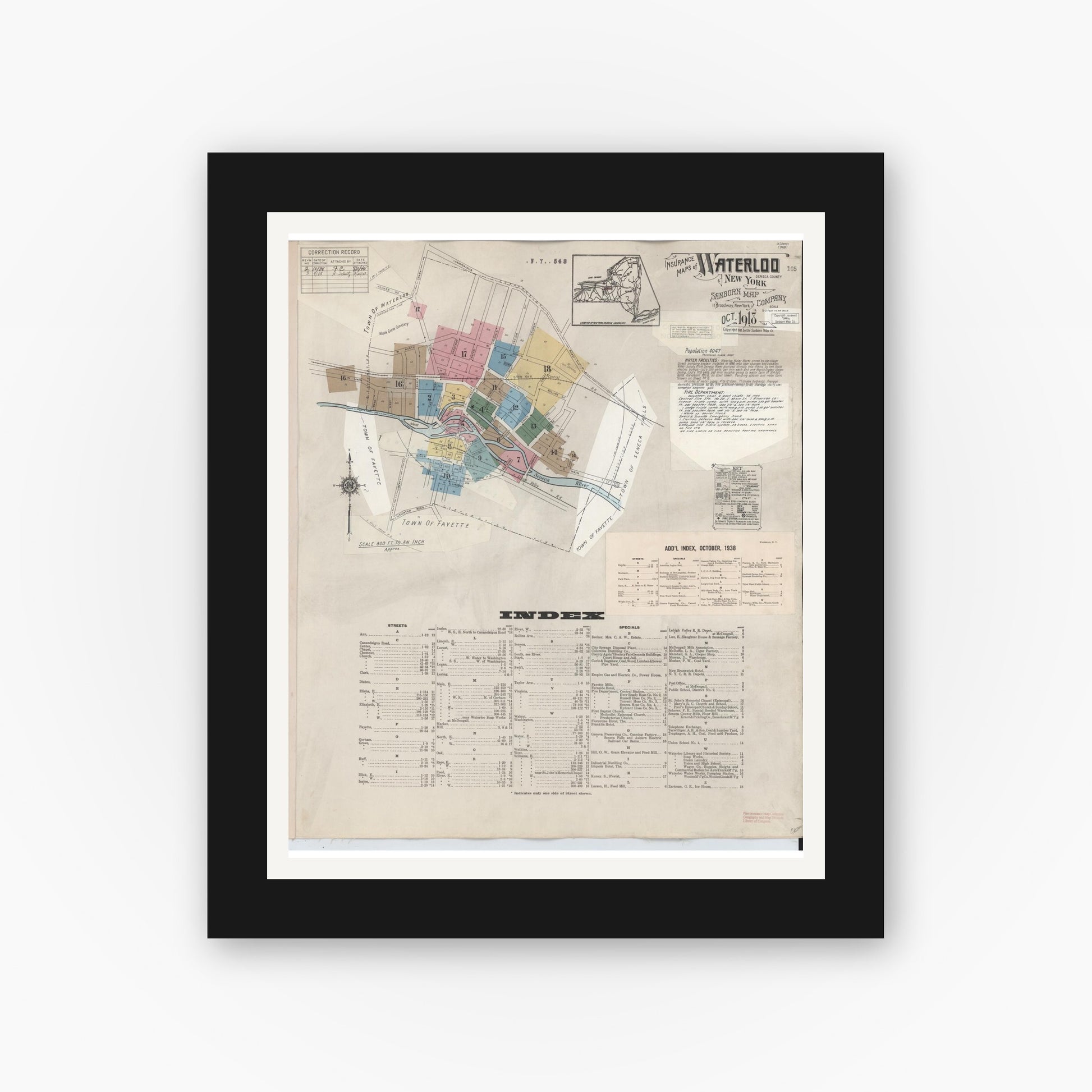 Old map wall art mockup — black gallery frame with white mat — Sanborn Fire Insurance Map from Waterloo, Seneca County, New York (1948) - Complete Map Set