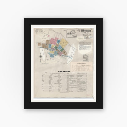 Old map wall art mockup — black gallery frame with white mat — Sanborn Fire Insurance Map from Waterloo, Seneca County, New York (1948) - Complete Map Set