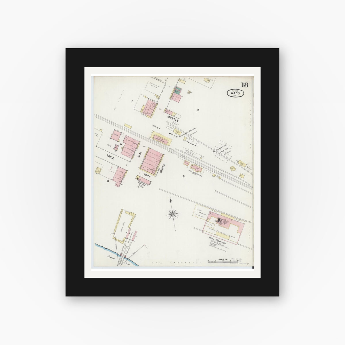 Old map wall art mockup — black gallery frame with white mat — Sanborn Fire Insurance Map from Waco, McLennan County, Texas (1889), Sheet #0018