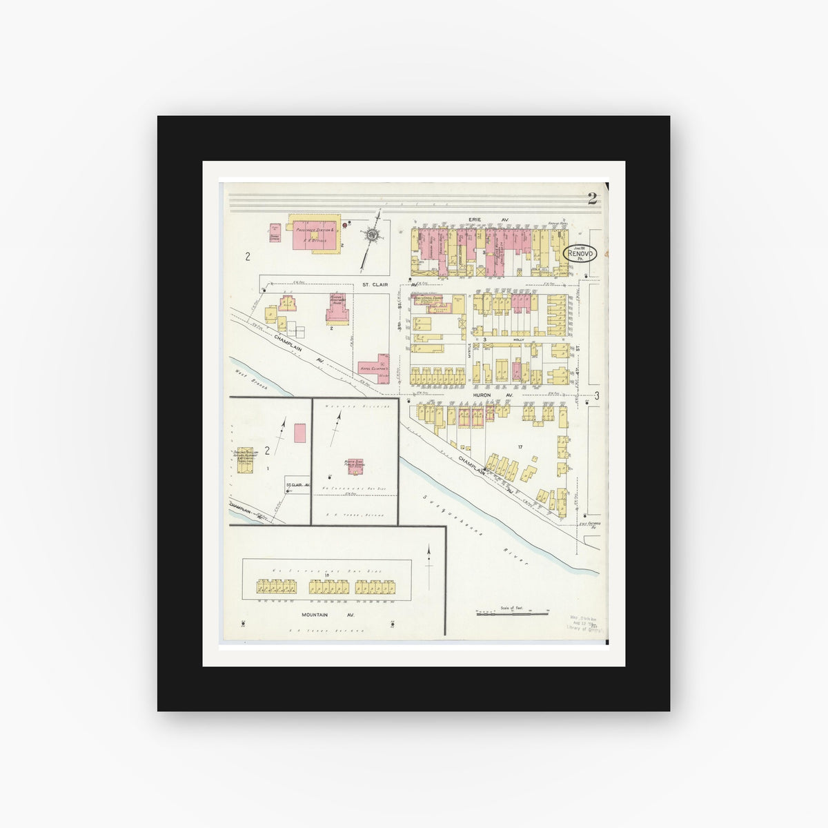 Old map wall art mockup — black gallery frame with white mat — Sanborn Fire Insurance Map from Renovo, Clinton County, Pennsylvania (1911), Sheet #0002