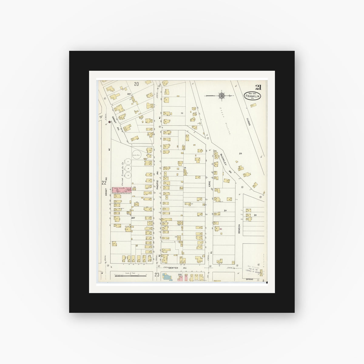 Old map wall art mockup — black gallery frame with white mat — Sanborn Fire Insurance Map from Franklin, Venango County, Pennsylvania (1912), Sheet #0021