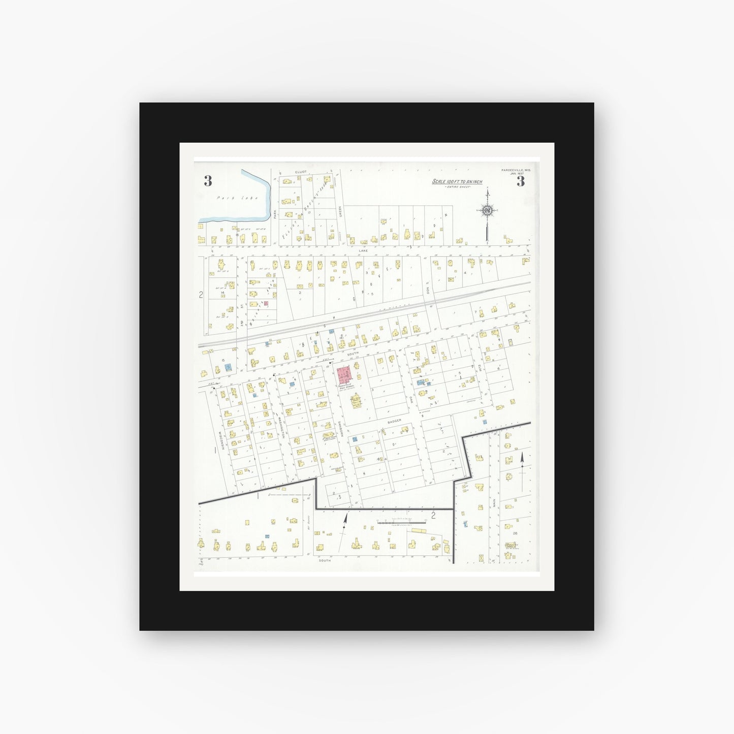 Old map wall art mockup — black gallery frame with white mat — Sanborn Fire Insurance Map from Pardeeville, Columbia County, Wisconsin (1937), Sheet #0003