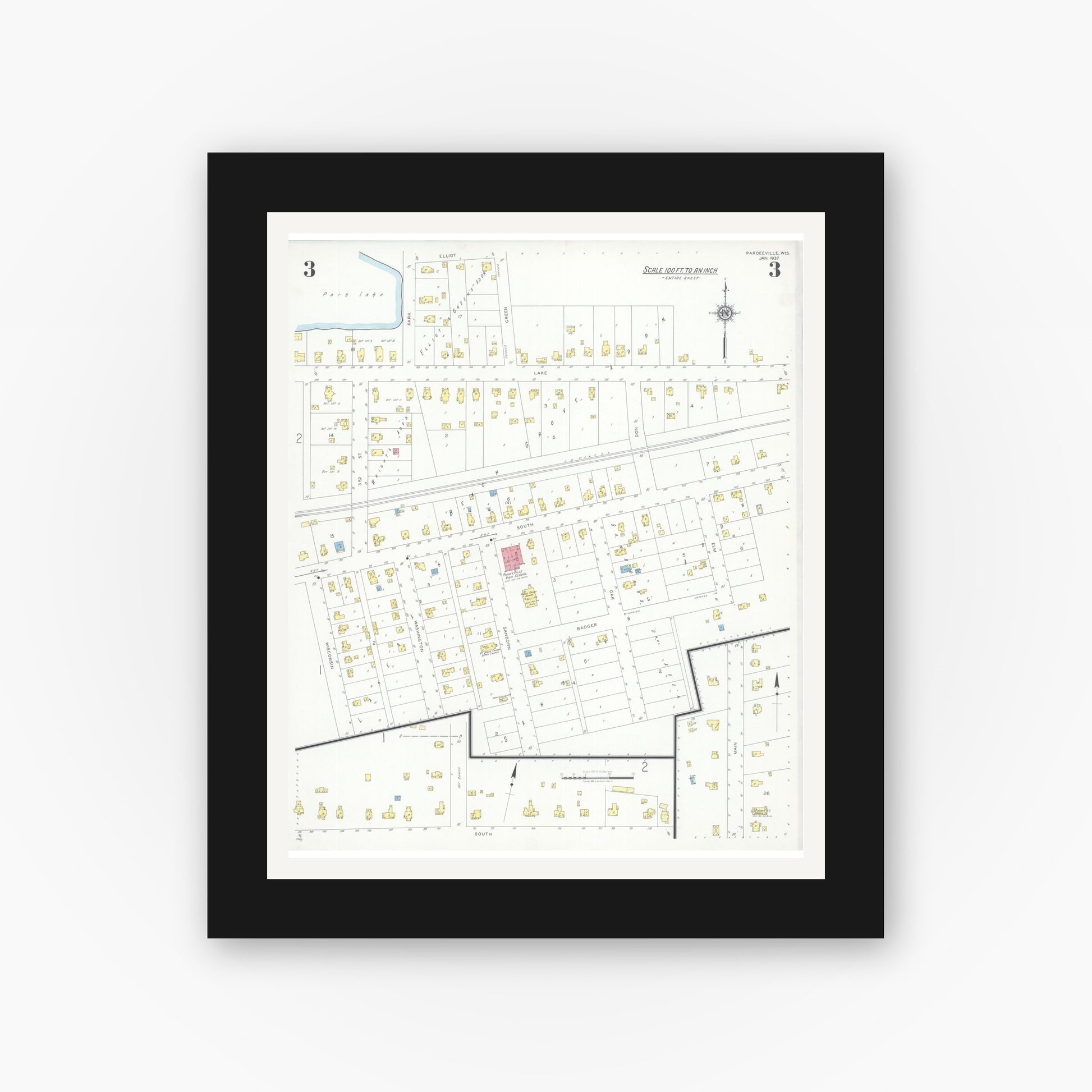Old map wall art mockup — black gallery frame with white mat — Sanborn Fire Insurance Map from Pardeeville, Columbia County, Wisconsin (1937), Sheet #0003