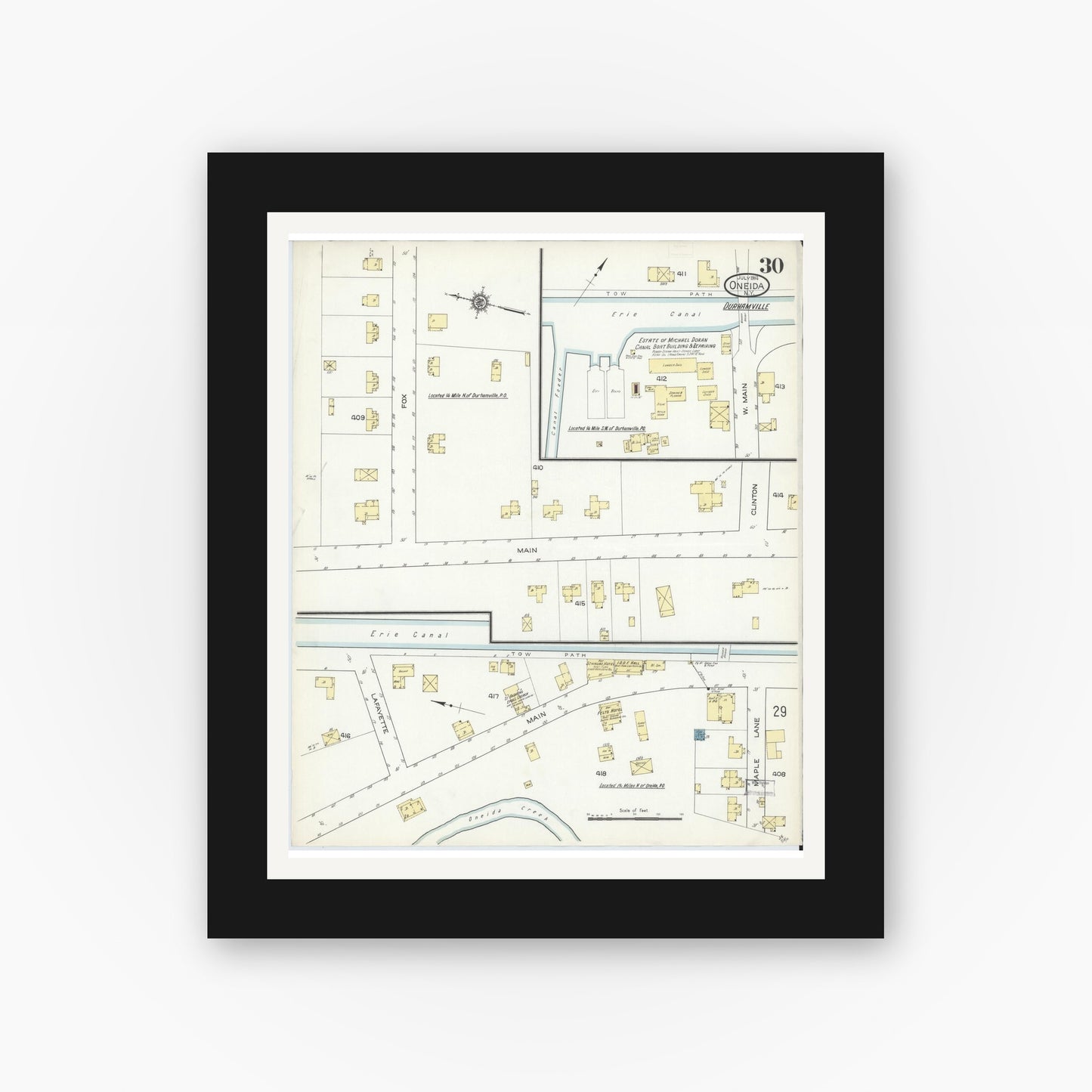 Old map wall art mockup — black gallery frame with white mat — Sanborn Fire Insurance Map from Oneida, Madison County, New York (1914), Sheet #0030