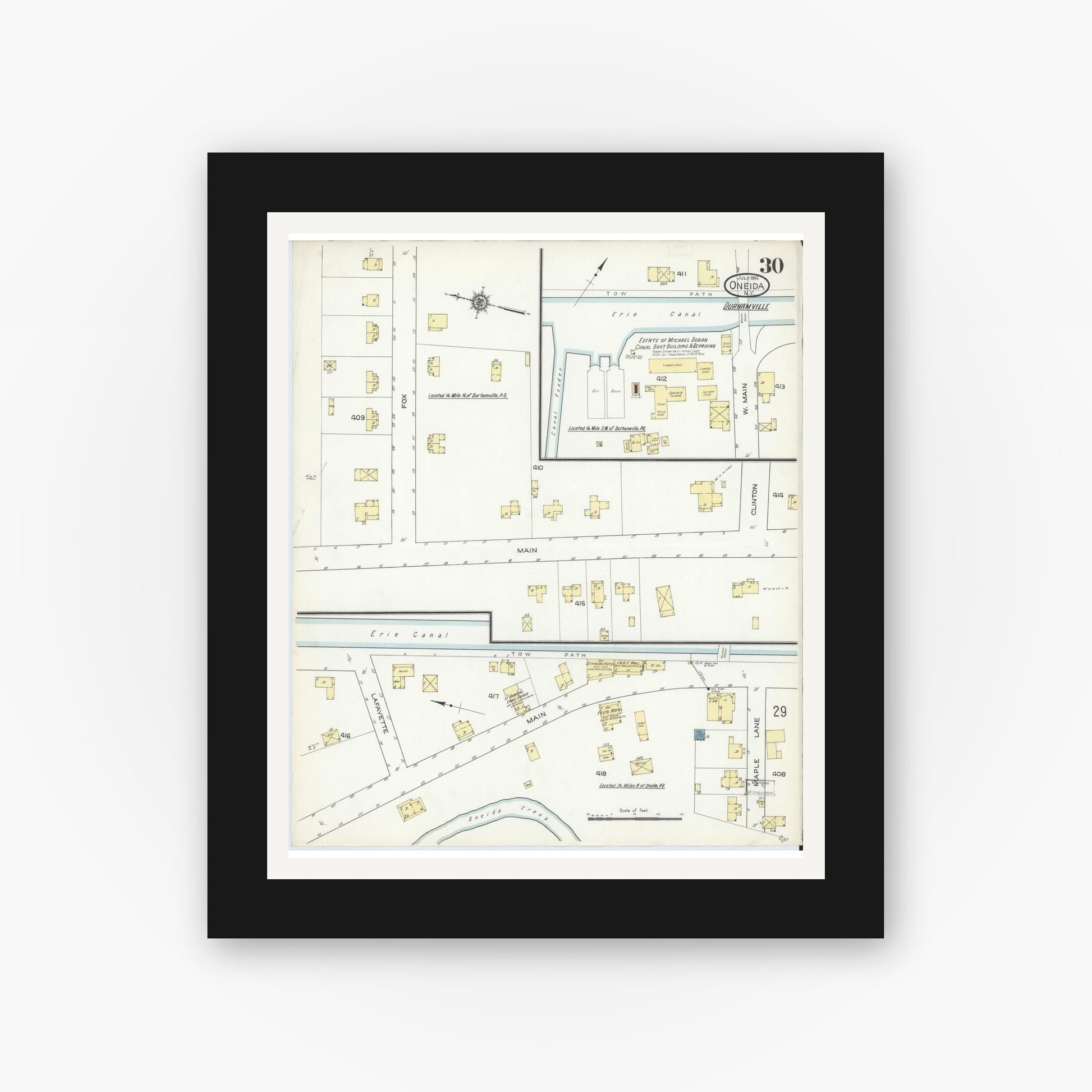 Old map wall art mockup — black gallery frame with white mat — Sanborn Fire Insurance Map from Oneida, Madison County, New York (1914), Sheet #0030