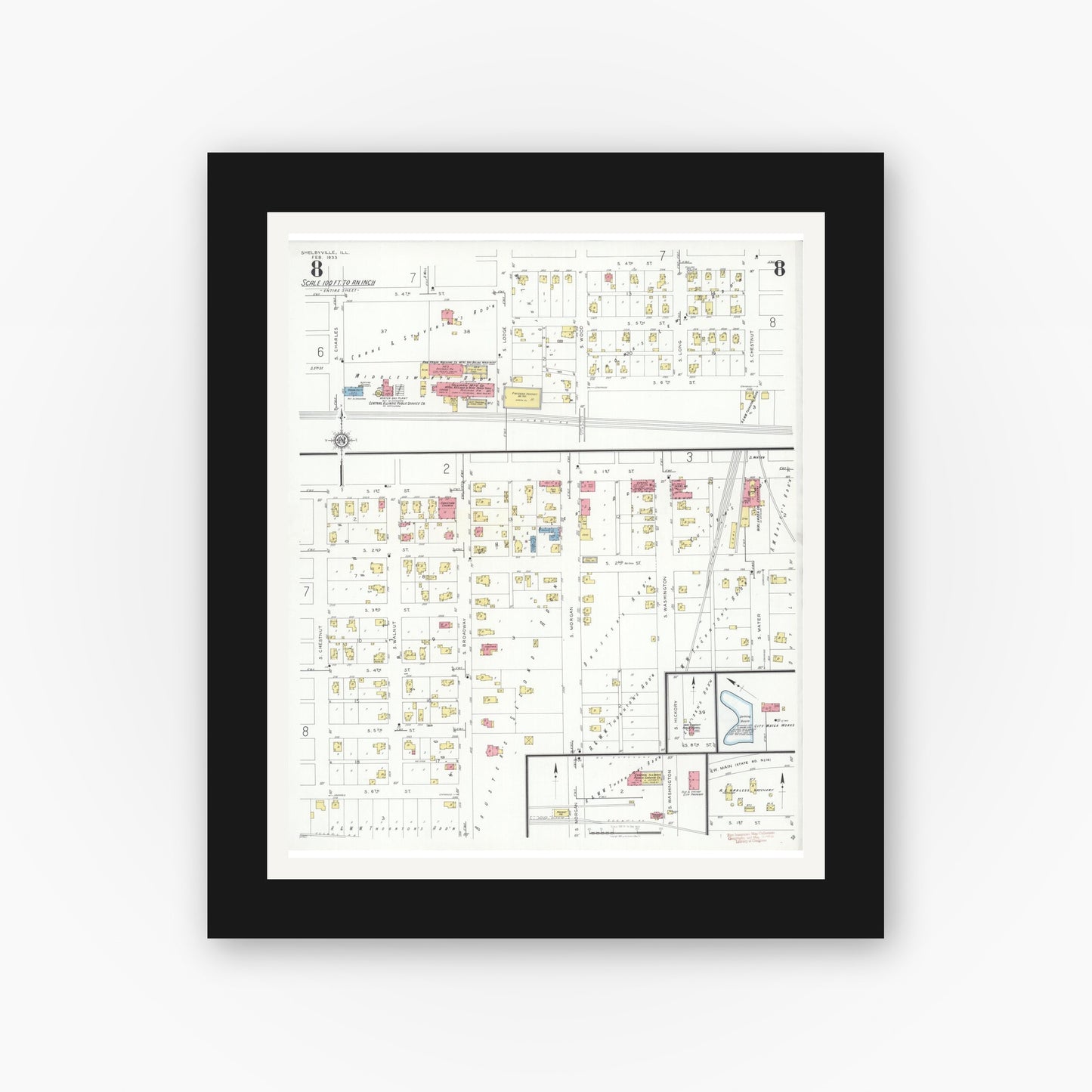 Old map wall art mockup — black gallery frame with white mat — Sanborn Fire Insurance Map from Shelbyville, Shelby County, Illinois (1933), Sheet #0008