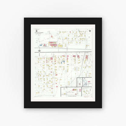 Old map wall art mockup — black gallery frame with white mat — Sanborn Fire Insurance Map from Shelbyville, Shelby County, Illinois (1933), Sheet #0008