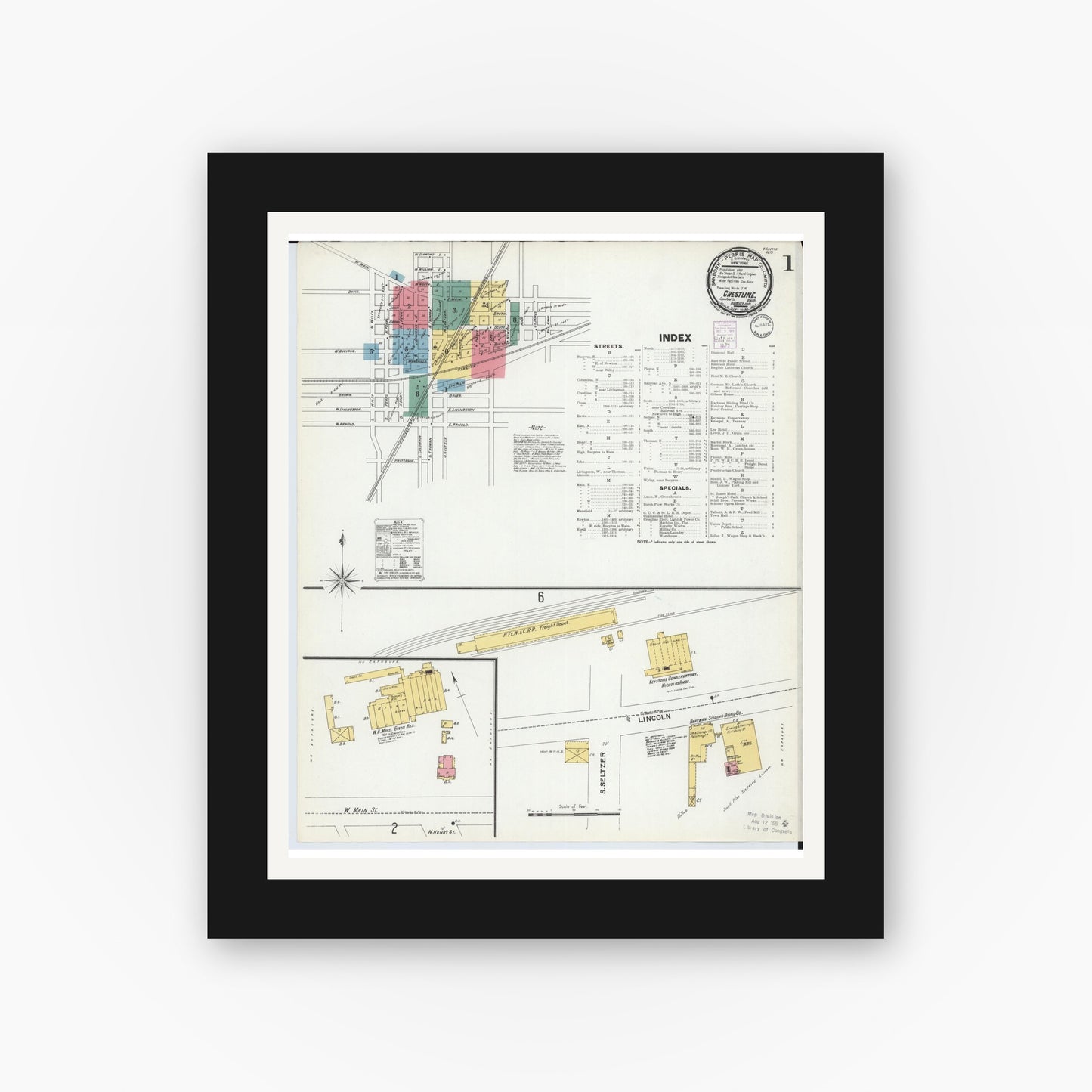 Old map wall art mockup — black gallery frame with white mat — Sanborn Fire Insurance Map from Crestline, Crawford County, Ohio (1901), Sheet #0001