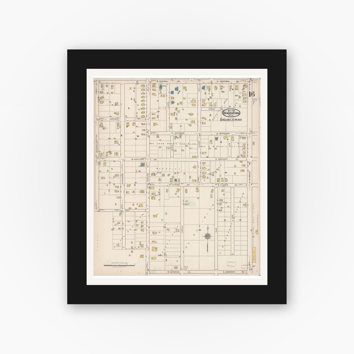 Old map wall art mockup — black gallery frame with white mat — Sanborn Fire Insurance Map from Bradentown, Manatee County, Florida (1922), Sheet #0016