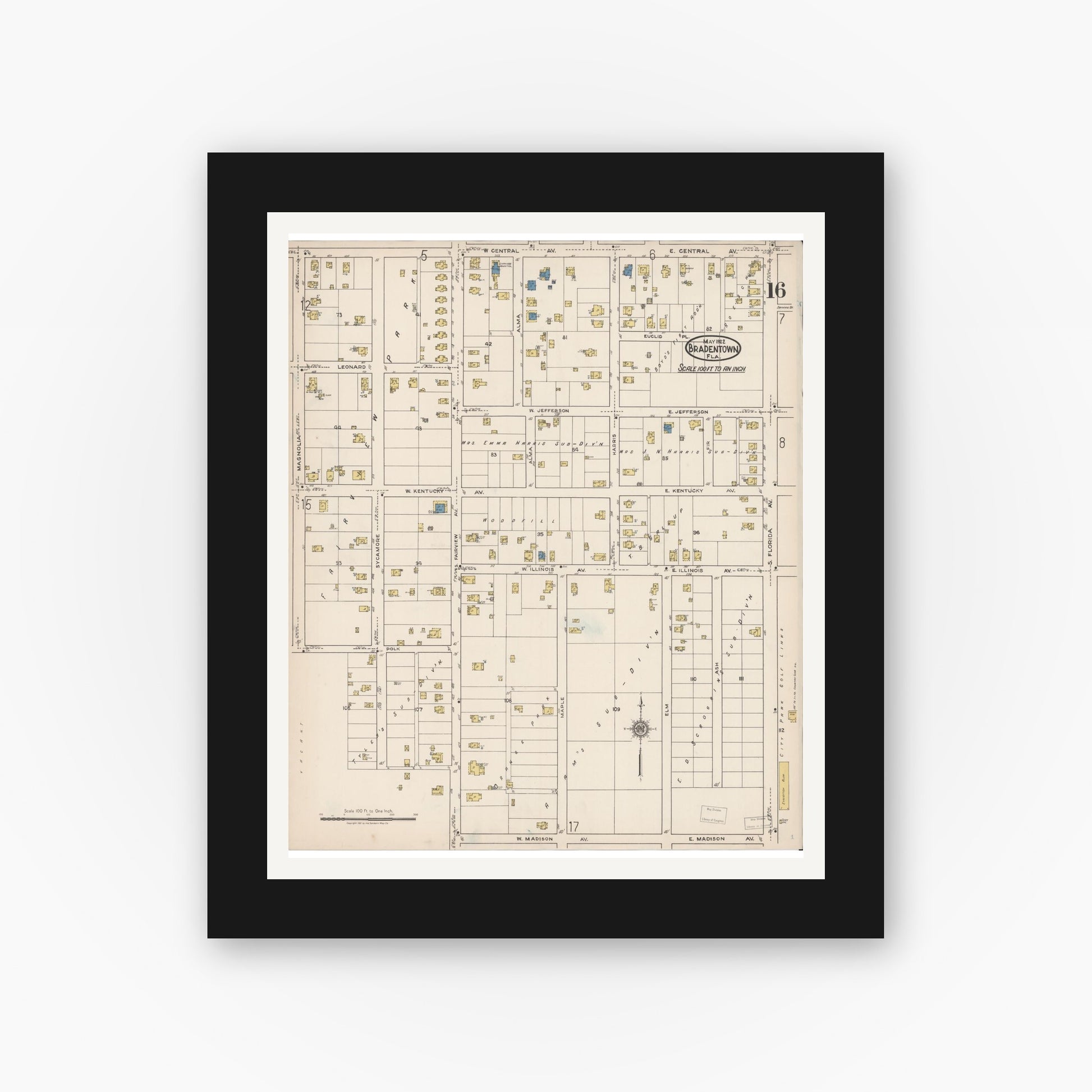 Old map wall art mockup — black gallery frame with white mat — Sanborn Fire Insurance Map from Bradentown, Manatee County, Florida (1922), Sheet #0016