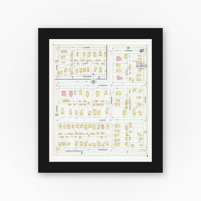 Old map wall art mockup — black gallery frame with white mat — Sanborn Fire Insurance Map from Bloomington, McLean County, Illinois (1901), Sheet #0027