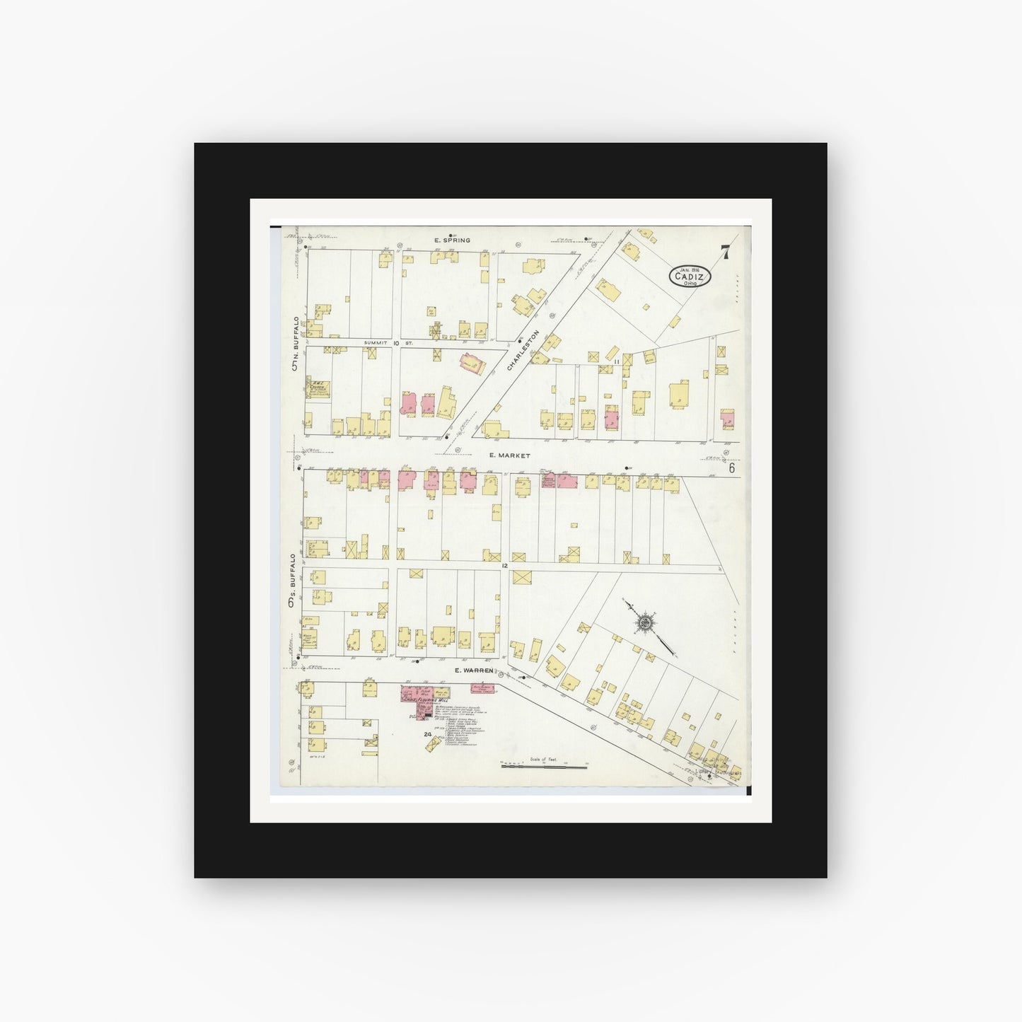 Old map wall art mockup — black gallery frame with white mat — Sanborn Fire Insurance Map from Cadiz, Harrison County, Ohio (1916), Sheet #0007