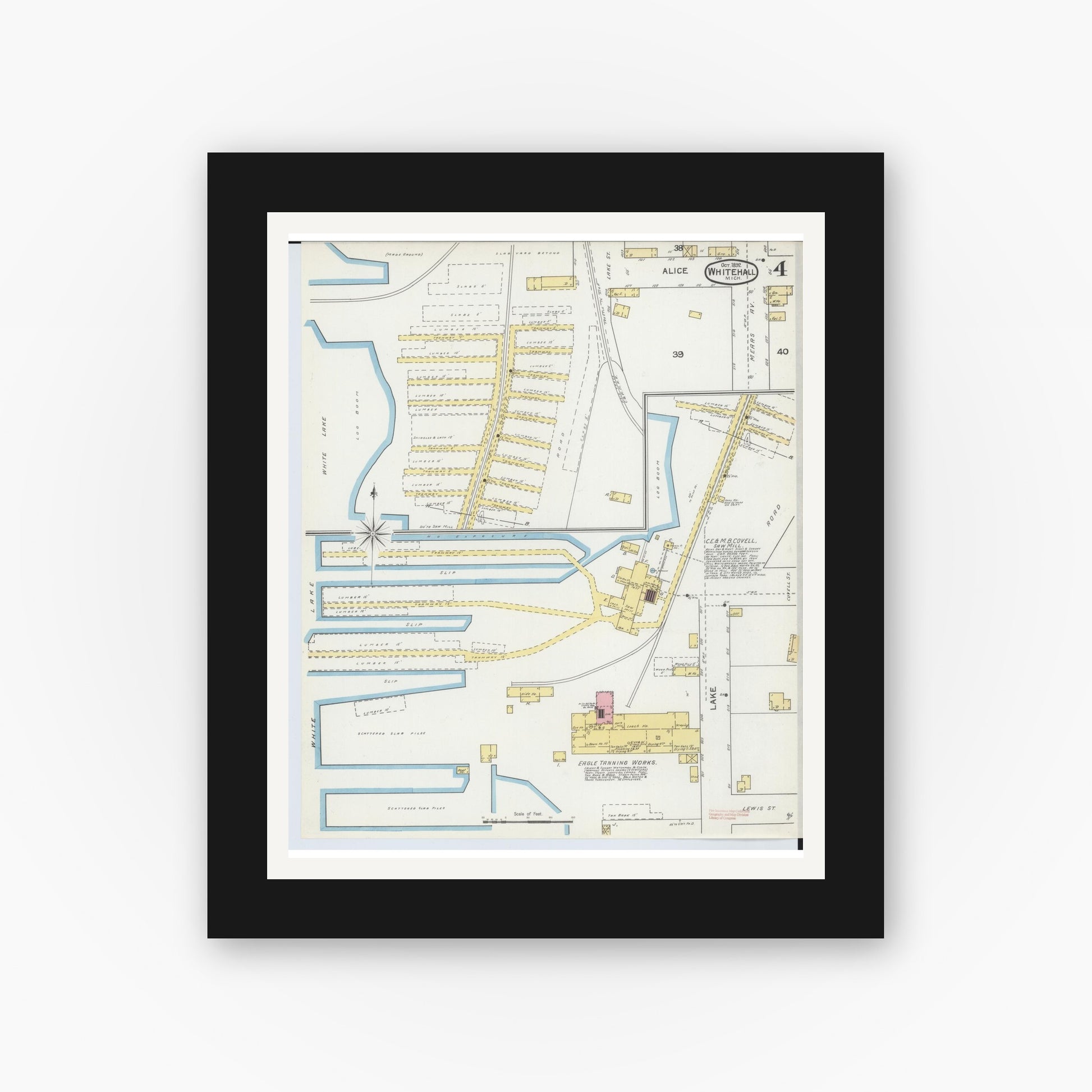 Old map wall art mockup — black gallery frame with white mat — Sanborn Fire Insurance Map from Whitehall, Muskegon County, Michigan (1892), Sheet #0004