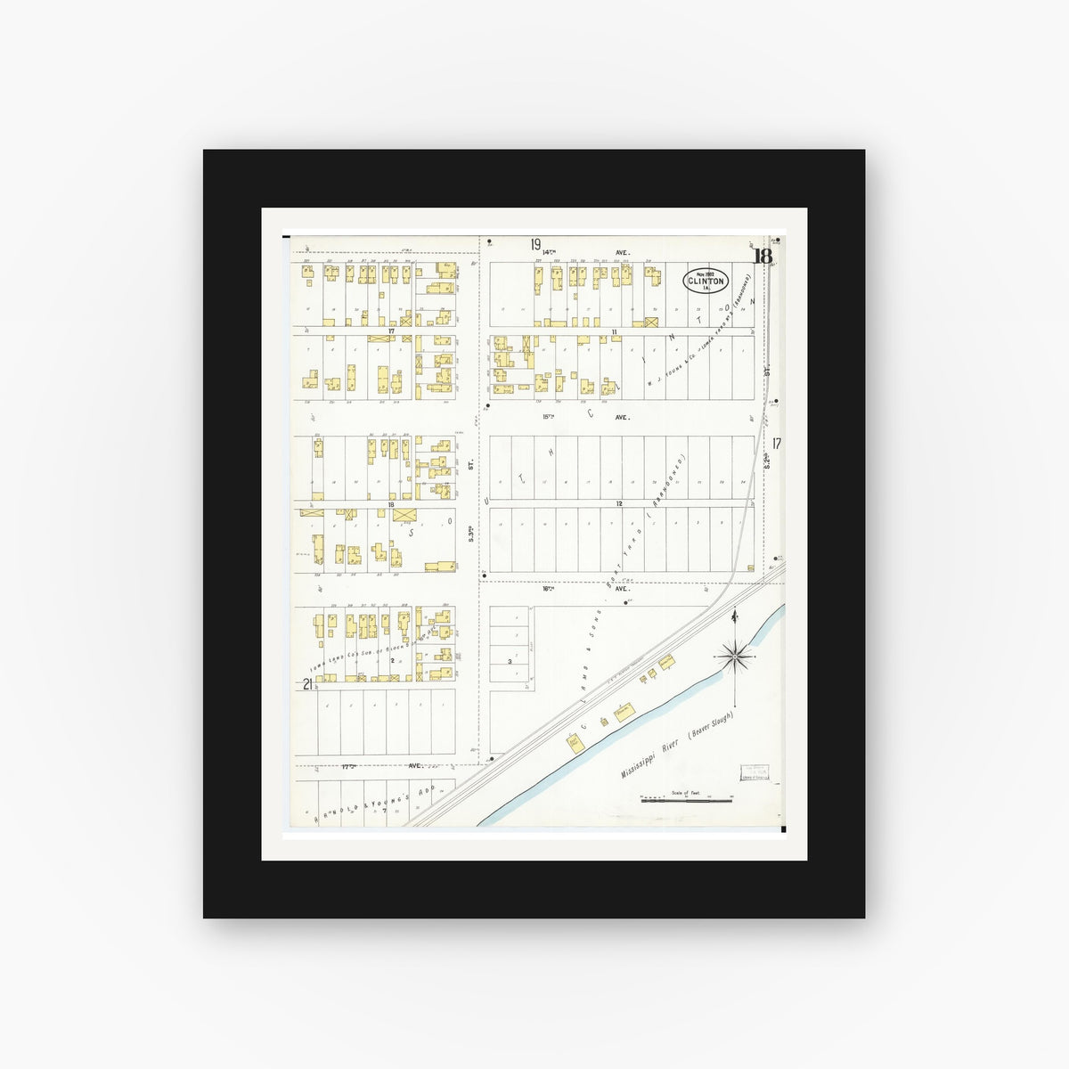 Old map wall art mockup — black gallery frame with white mat — Sanborn Fire Insurance Map from Clinton, Clinton County, Iowa (1902), Sheet #0018
