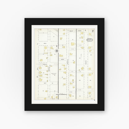 Old map wall art mockup — black gallery frame with white mat — Sanborn Fire Insurance Map from Wolfe City, Hunt County, Texas (1909), Sheet #0007