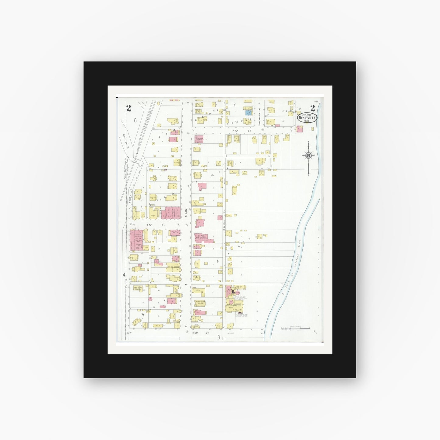 Old map wall art mockup — black gallery frame with white mat — Sanborn Fire Insurance Map from Roseville, Perry And Muskingum Counties, Ohio (1930), Sheet #0002