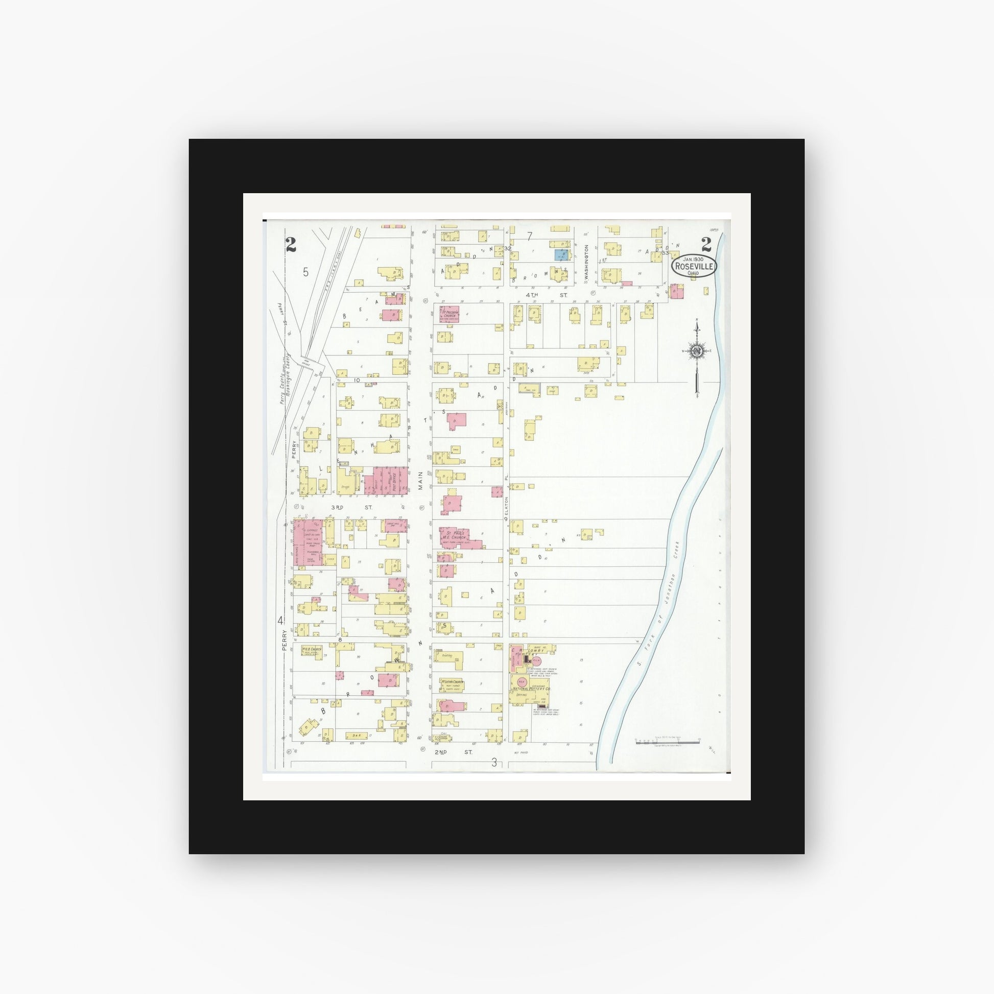 Old map wall art mockup — black gallery frame with white mat — Sanborn Fire Insurance Map from Roseville, Perry And Muskingum Counties, Ohio (1930), Sheet #0002