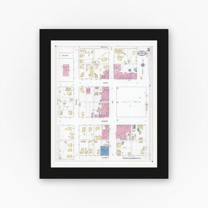 Old map wall art mockup — black gallery frame with white mat — Sanborn Fire Insurance Map from La Plata, Macon County, Missouri (1916), Sheet #0003
