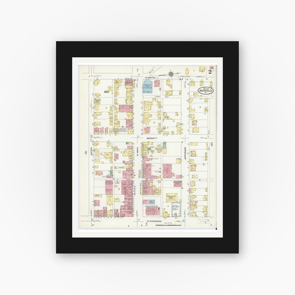 Old map wall art mockup — black gallery frame with white mat — Sanborn Fire Insurance Map from Brookville, Jefferson County, Pennsylvania (1910), Sheet #0002