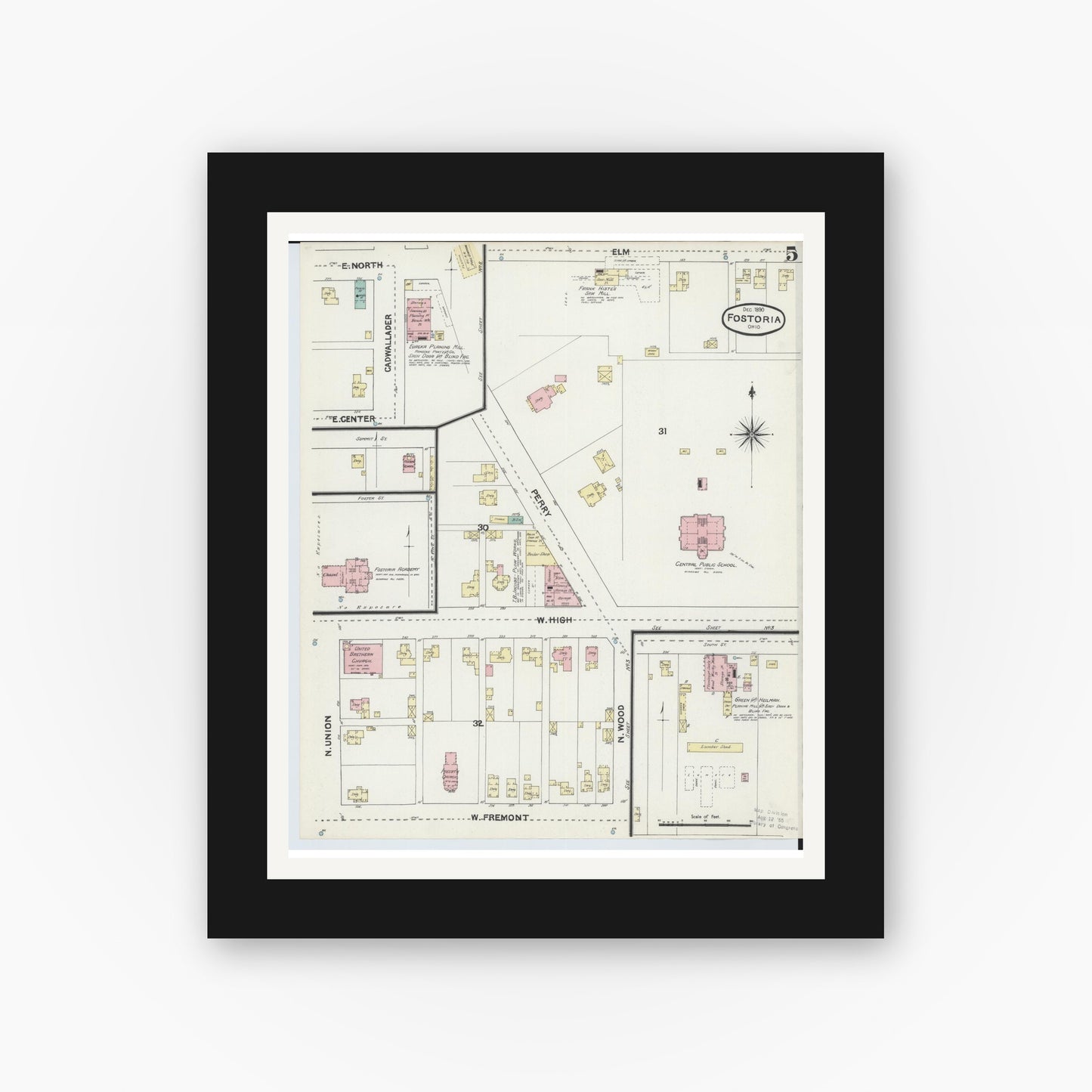 Old map wall art mockup — black gallery frame with white mat — Sanborn Fire Insurance Map from Fostoria, Seneca, Hancock, And Wood Counties, Ohio (1891), Sheet #0005