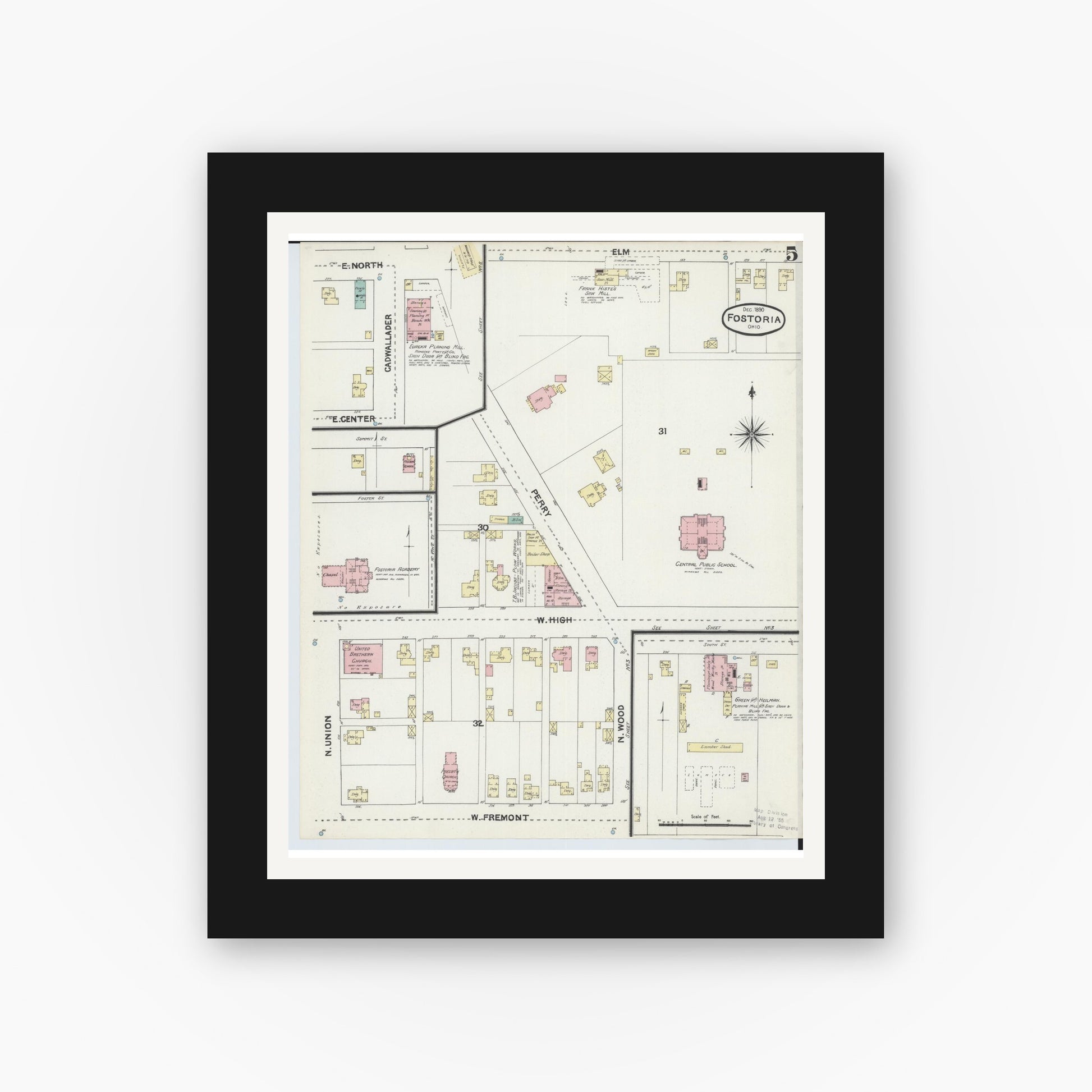 Old map wall art mockup — black gallery frame with white mat — Sanborn Fire Insurance Map from Fostoria, Seneca, Hancock, And Wood Counties, Ohio (1891), Sheet #0005