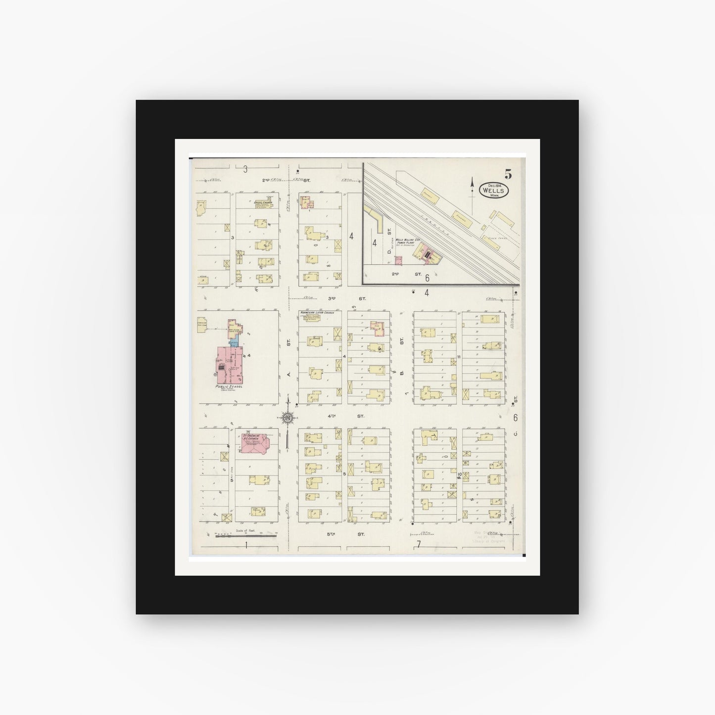 Old map wall art mockup — black gallery frame with white mat — Sanborn Fire Insurance Map from Wells, Faribault County, Minnesota (1914), Sheet #0005