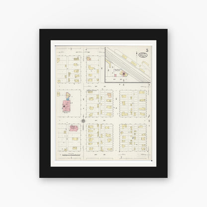 Old map wall art mockup — black gallery frame with white mat — Sanborn Fire Insurance Map from Wells, Faribault County, Minnesota (1914), Sheet #0005
