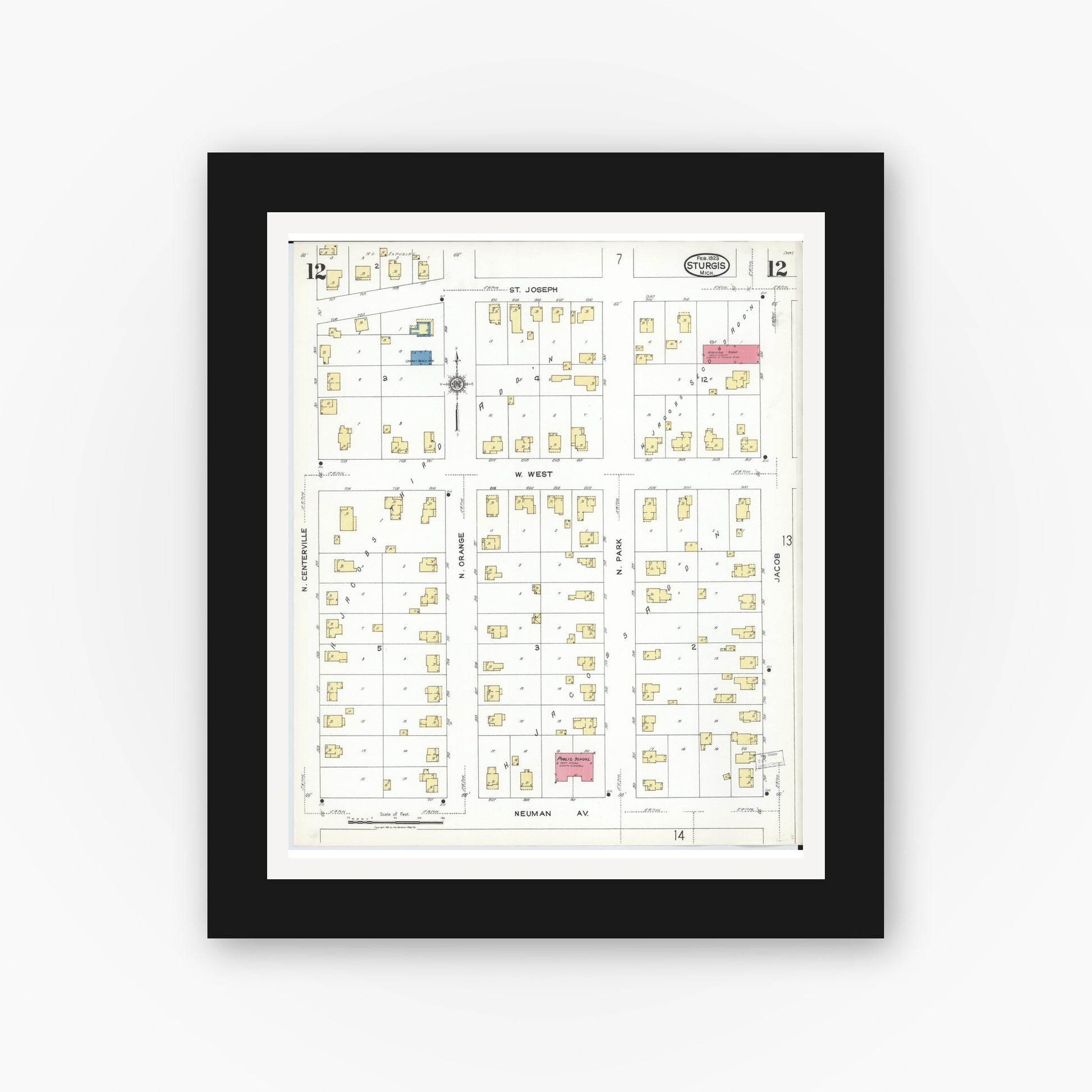 Old map wall art mockup — black gallery frame with white mat — Sanborn Fire Insurance Map from Sturgis, Saint Joseph County, Michigan (1923), Sheet #0012