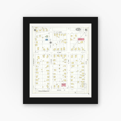 Old map wall art mockup — black gallery frame with white mat — Sanborn Fire Insurance Map from Sturgis, Saint Joseph County, Michigan (1923), Sheet #0012