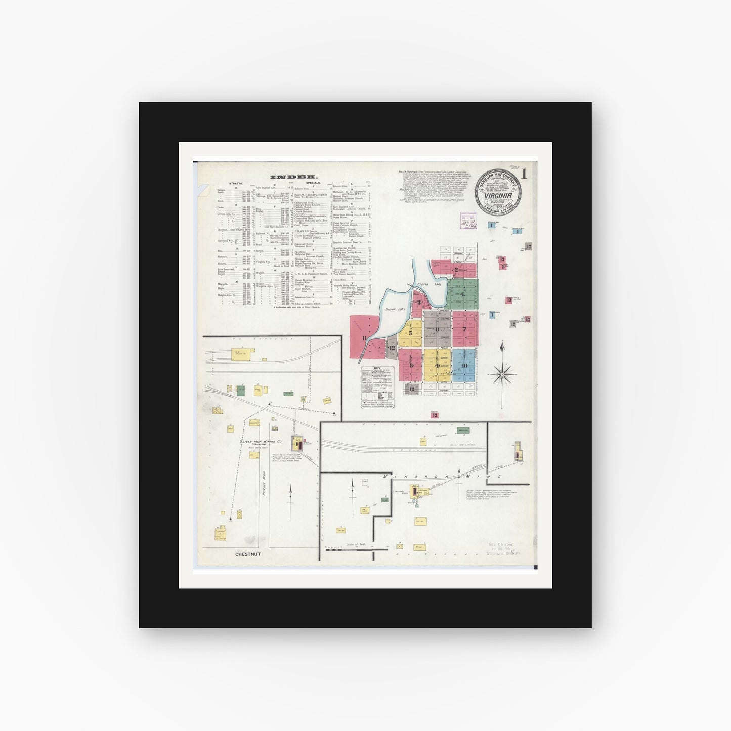 Old map wall art mockup — black gallery frame with white mat — Sanborn Fire Insurance Map from Virginia, Saint Louis County, Minnesota (1908) - Complete Map Set