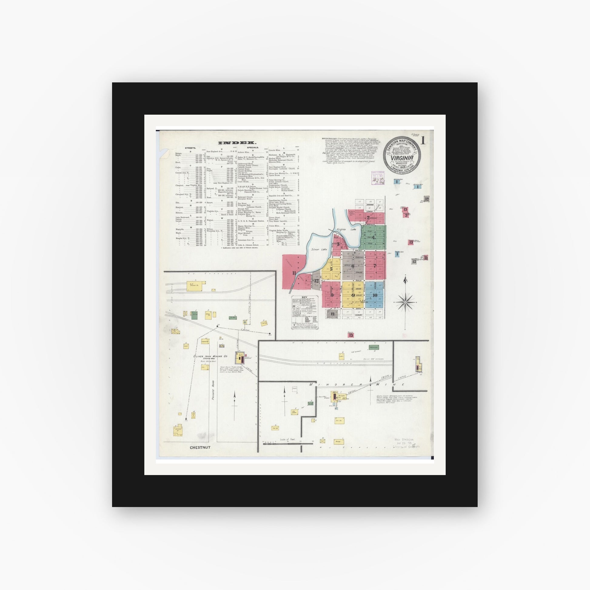 Old map wall art mockup — black gallery frame with white mat — Sanborn Fire Insurance Map from Virginia, Saint Louis County, Minnesota (1908) - Complete Map Set
