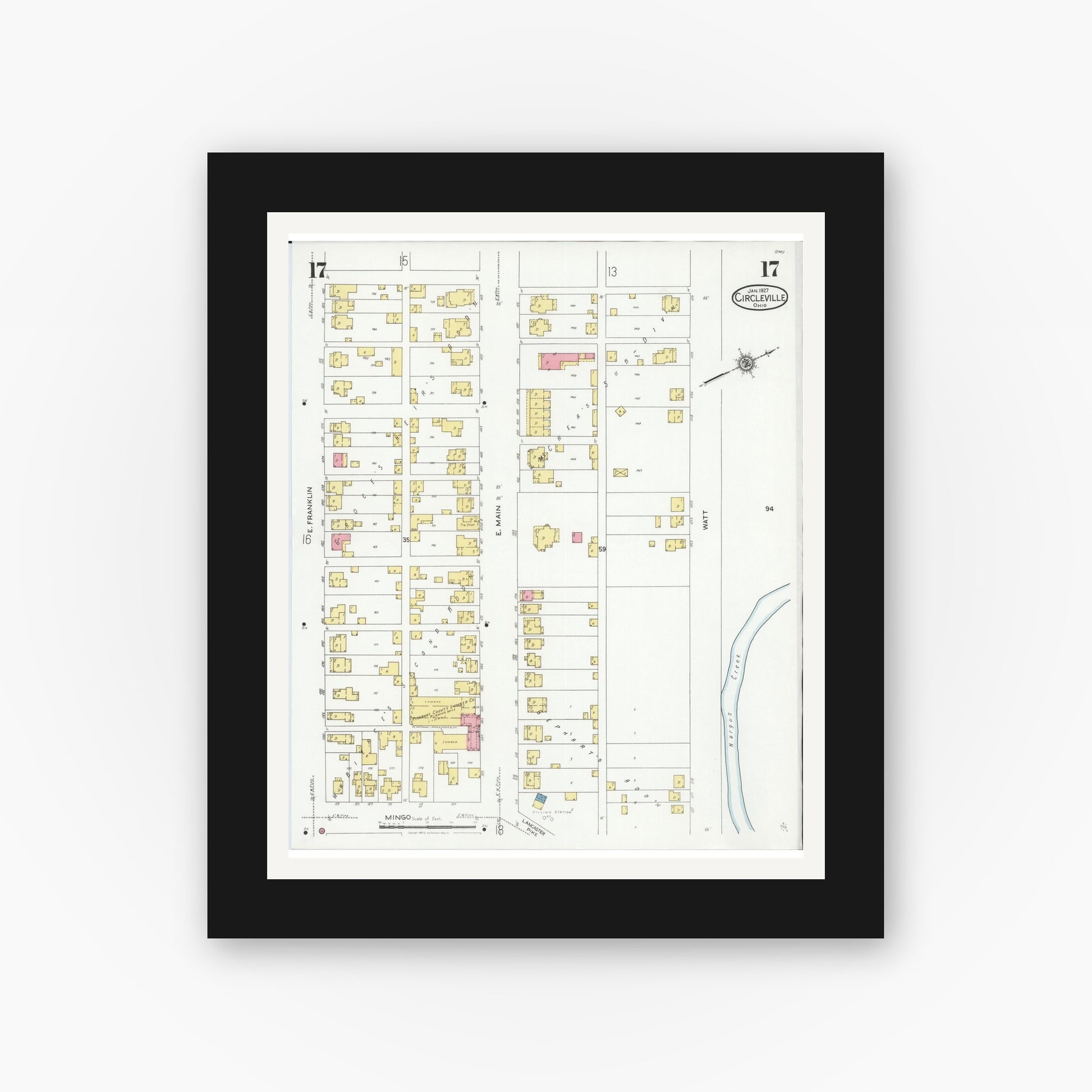 Old map wall art mockup — black gallery frame with white mat — Sanborn Fire Insurance Map from Circleville, Pickaway County, Ohio (1927), Sheet #0017