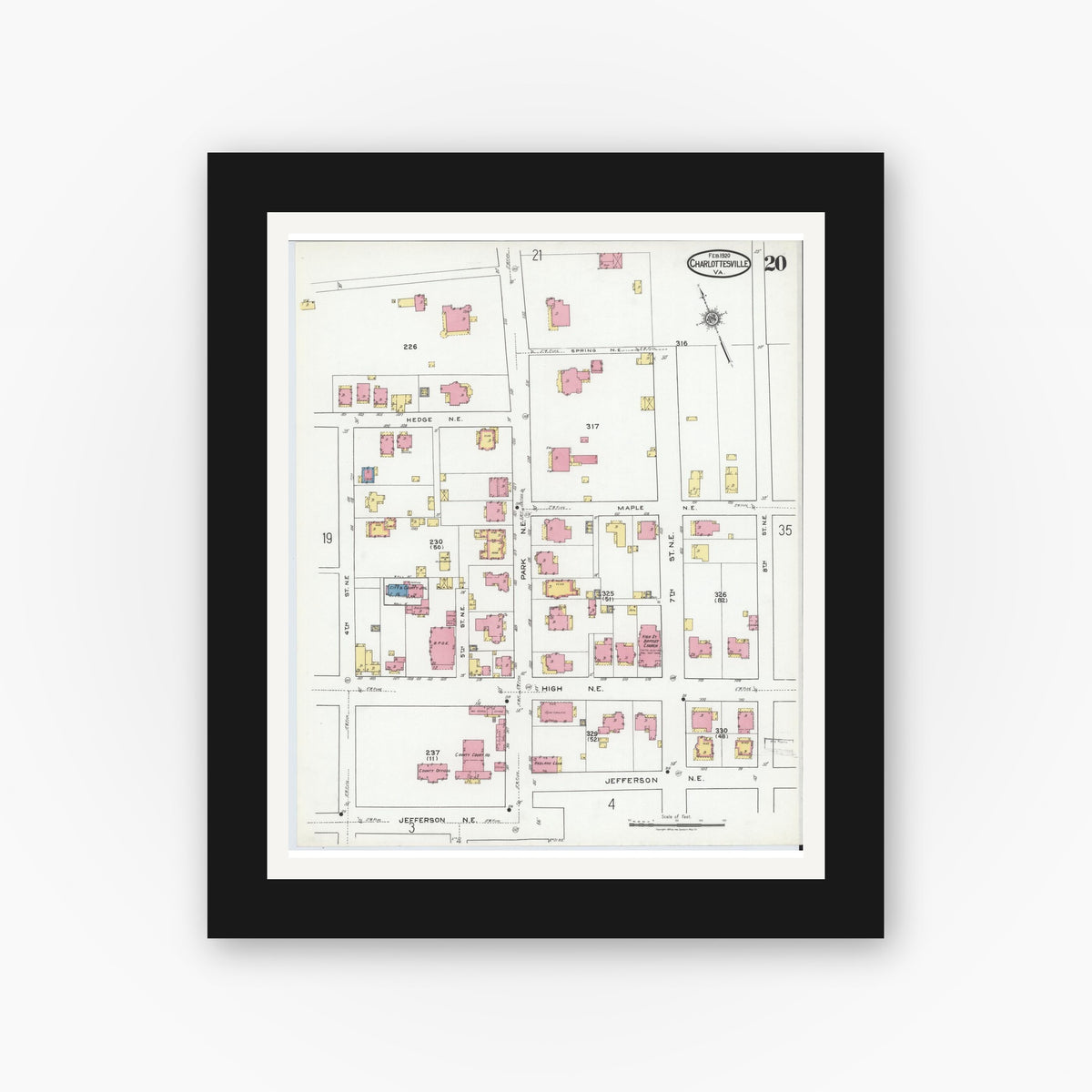 Old map wall art mockup — black gallery frame with white mat — Sanborn Fire Insurance Map from Charlottesville, Independent Cities, Virginia (1920), Sheet #0020