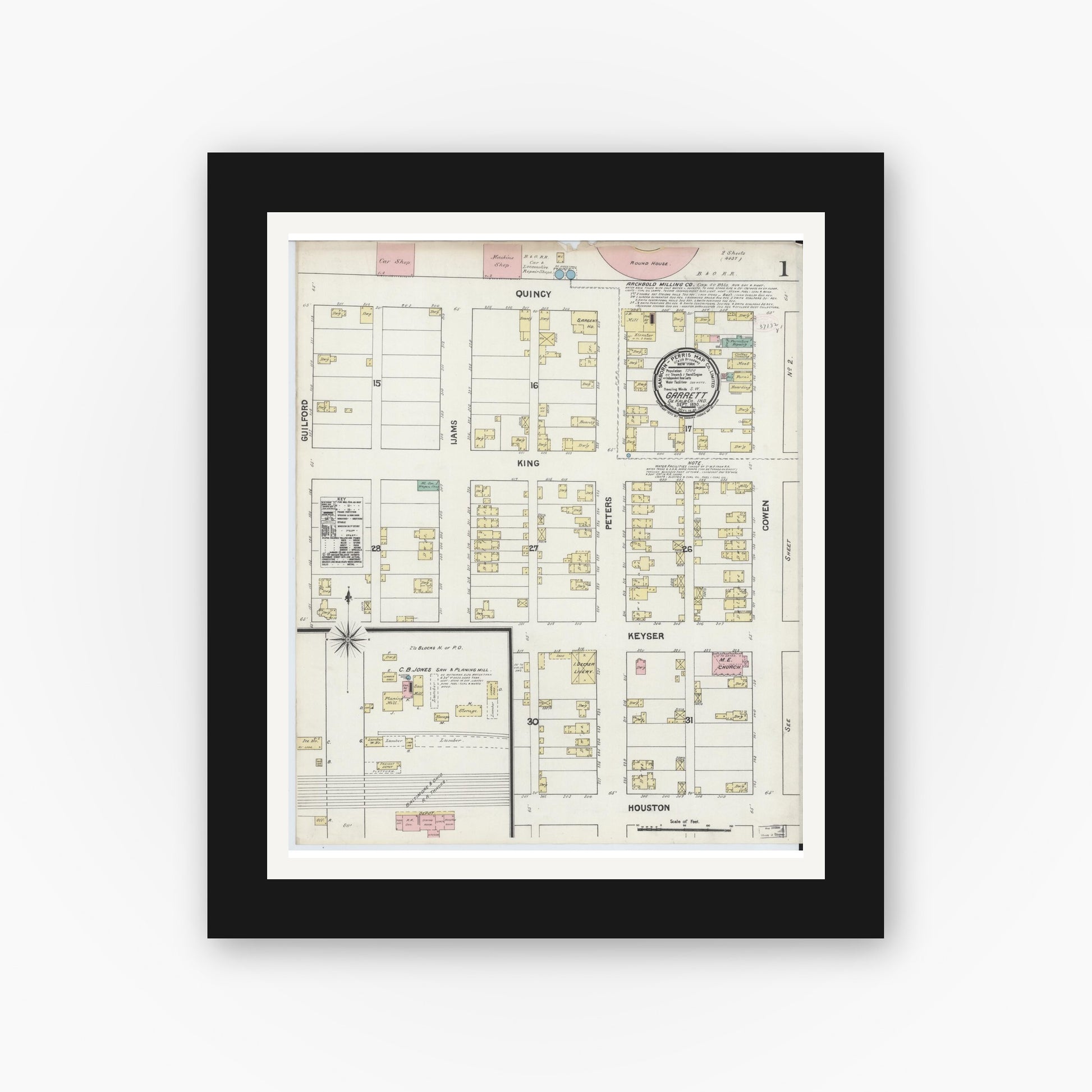 Old map wall art mockup — black gallery frame with white mat — Sanborn Fire Insurance Map from Garrett, De Kalb County, Indiana (1890), Sheet #0001