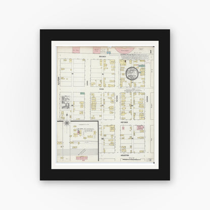 Old map wall art mockup — black gallery frame with white mat — Sanborn Fire Insurance Map from Garrett, De Kalb County, Indiana (1890), Sheet #0001