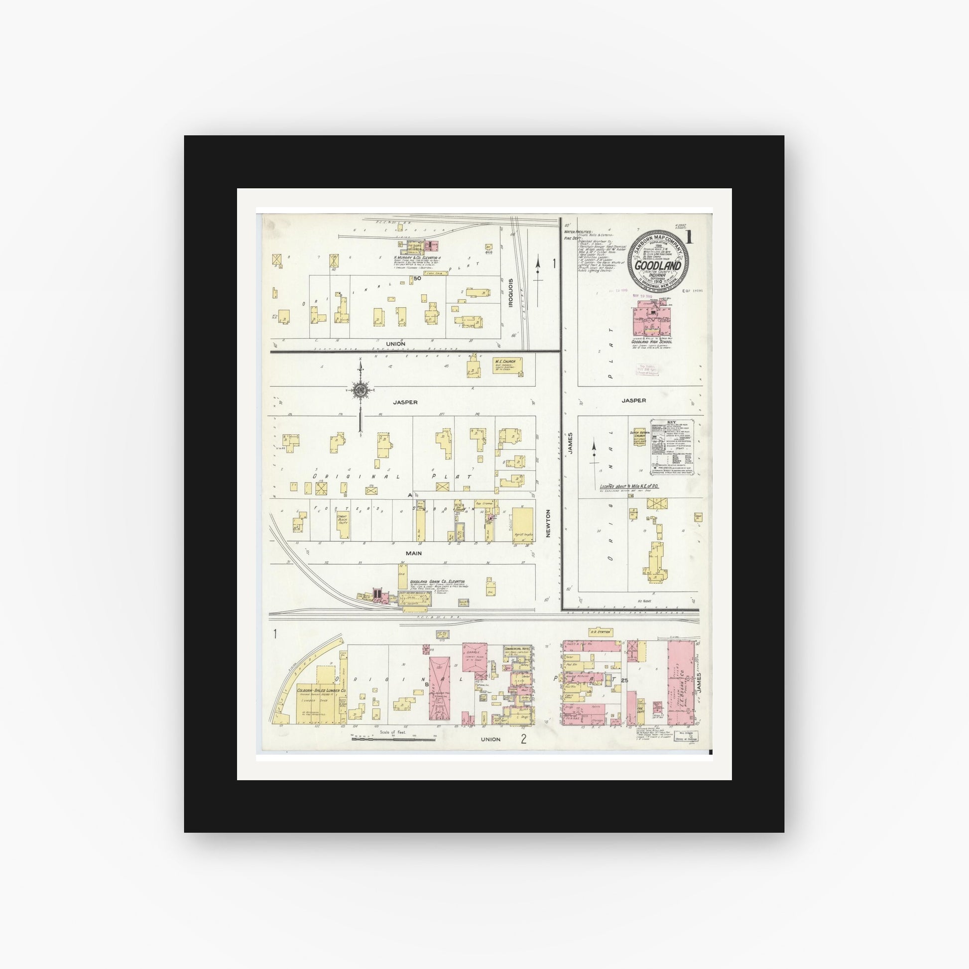 Old map wall art mockup — black gallery frame with white mat — Sanborn Fire Insurance Map from Goodland, Newton County, Indiana (1910) - Complete Map Set