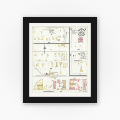 Old map wall art mockup — black gallery frame with white mat — Sanborn Fire Insurance Map from Goodland, Newton County, Indiana (1910) - Complete Map Set