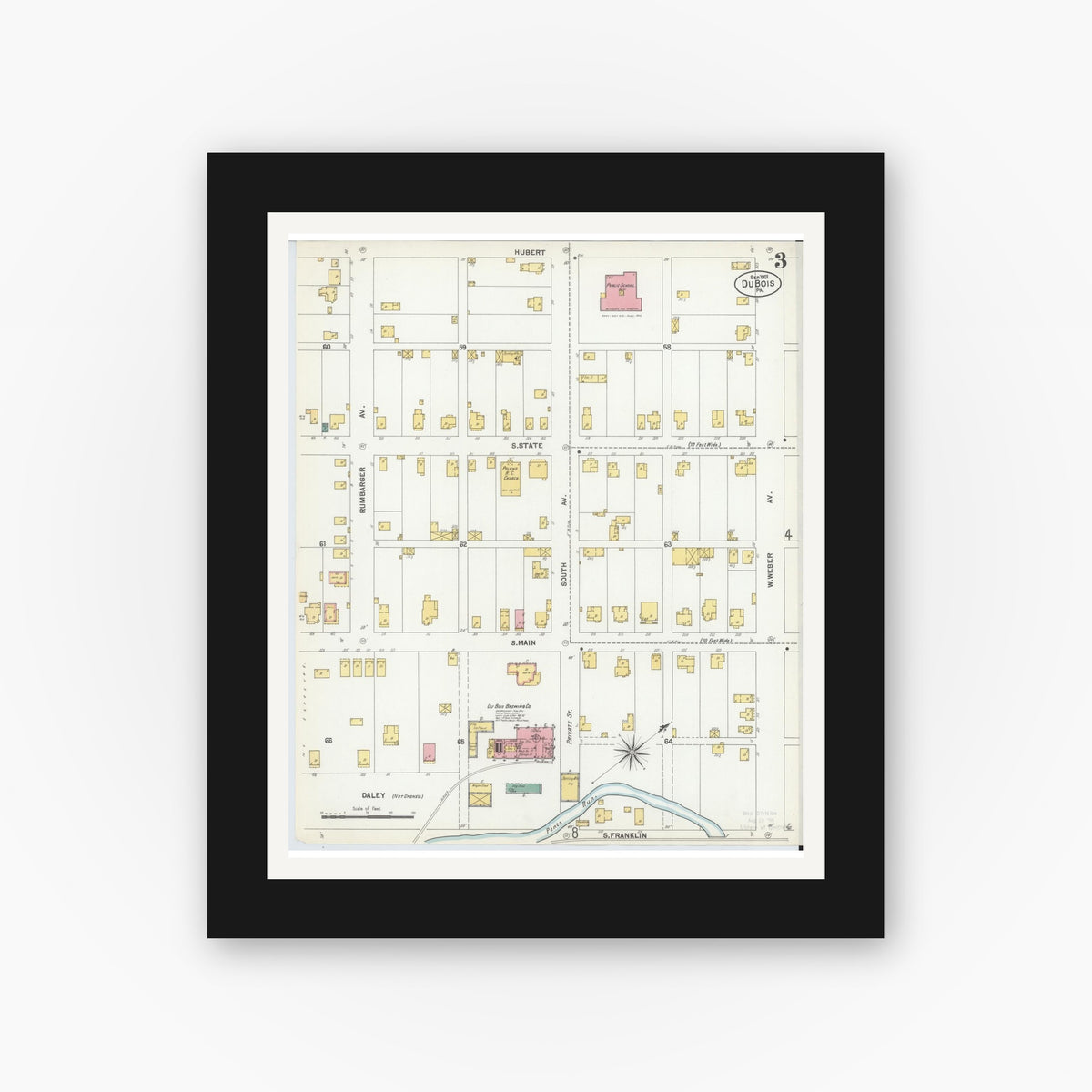 Old map wall art mockup — black gallery frame with white mat — Sanborn Fire Insurance Map from Du Bois, Clearfield County, Pennsylvania (1901), Sheet #0003
