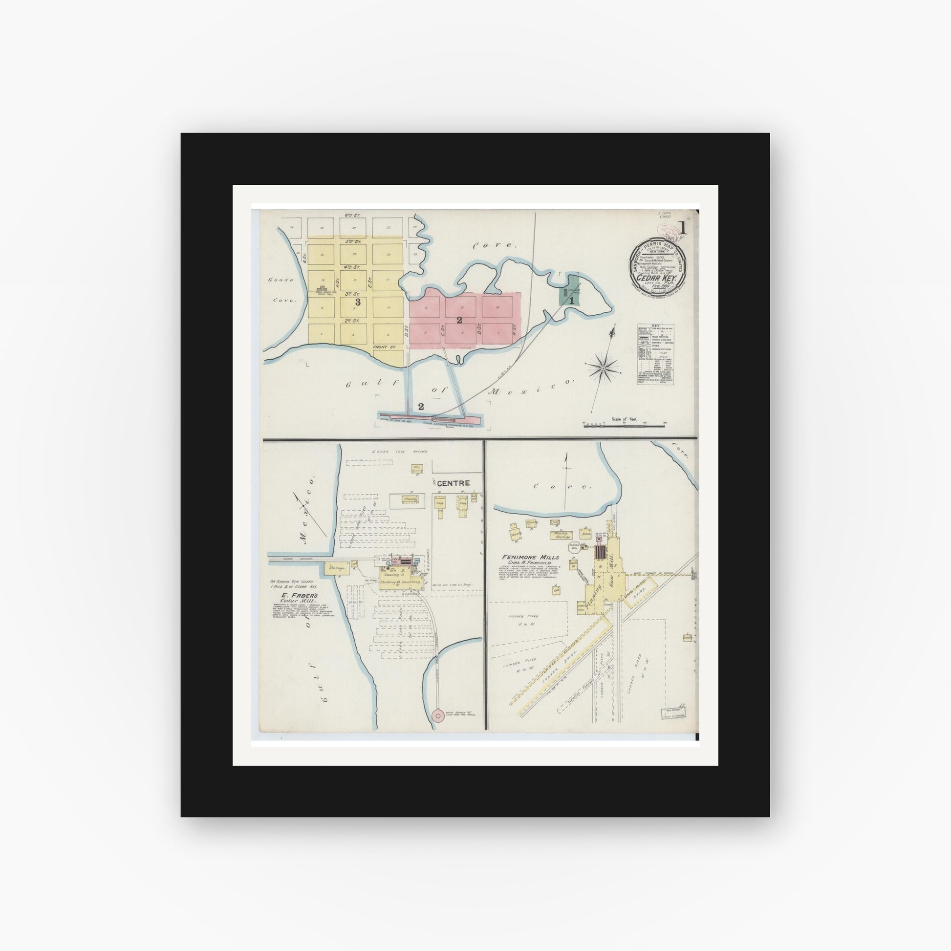 Old map wall art mockup — black gallery frame with white mat — Sanborn Fire Insurance Map from Cedar Key, Levy County, Florida (1890), Sheet #0001