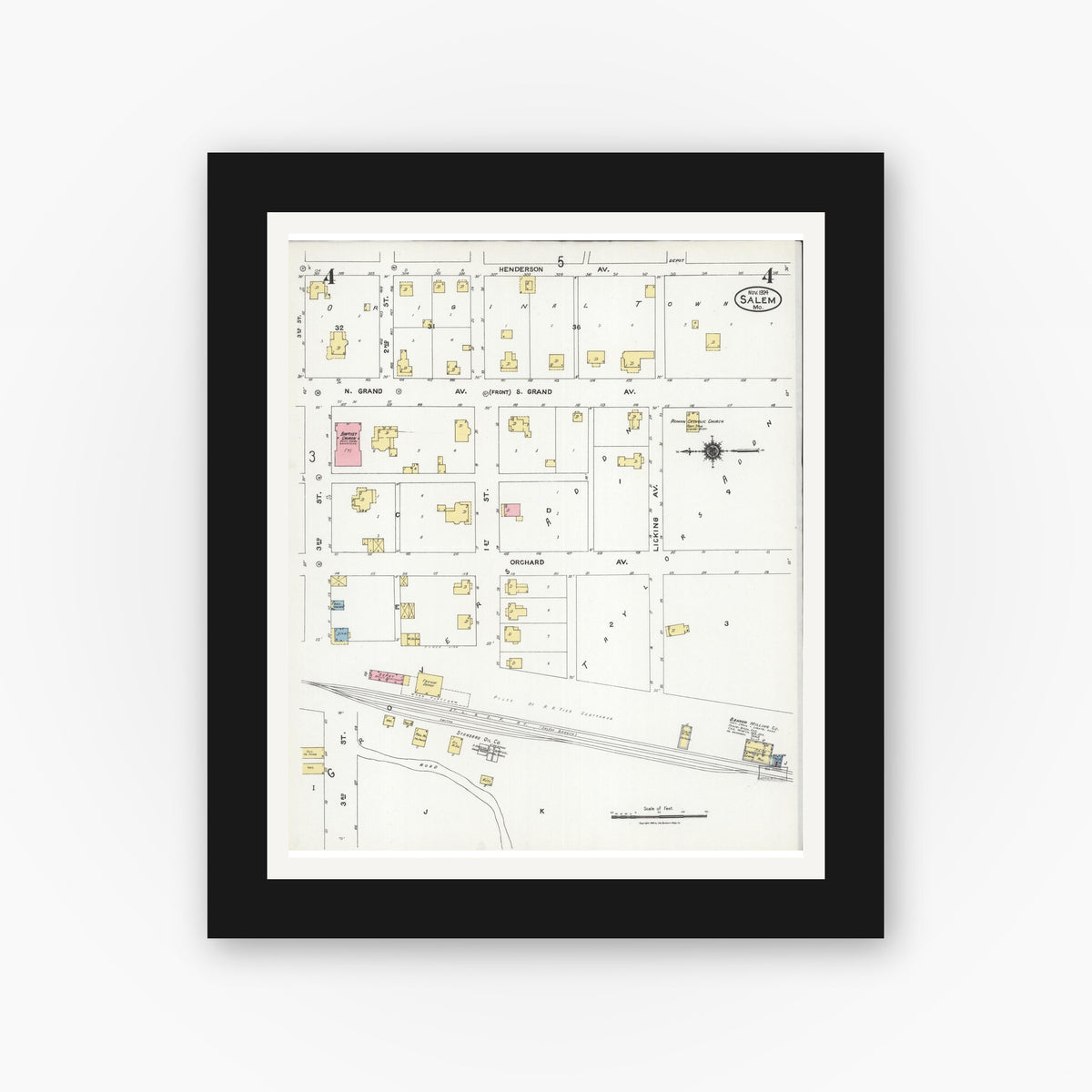 Old map wall art mockup — black gallery frame with white mat — Sanborn Fire Insurance Map from Salem, Dent County, Missouri (1924), Sheet #0004