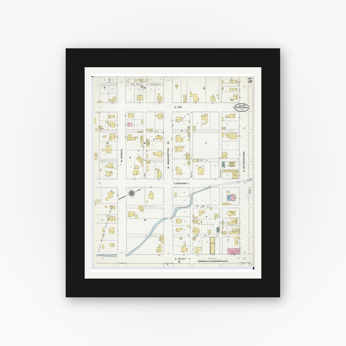 Old map wall art mockup — black gallery frame with white mat — Sanborn Fire Insurance Map from Virginia, Cass County, Illinois (1909), Sheet #0005