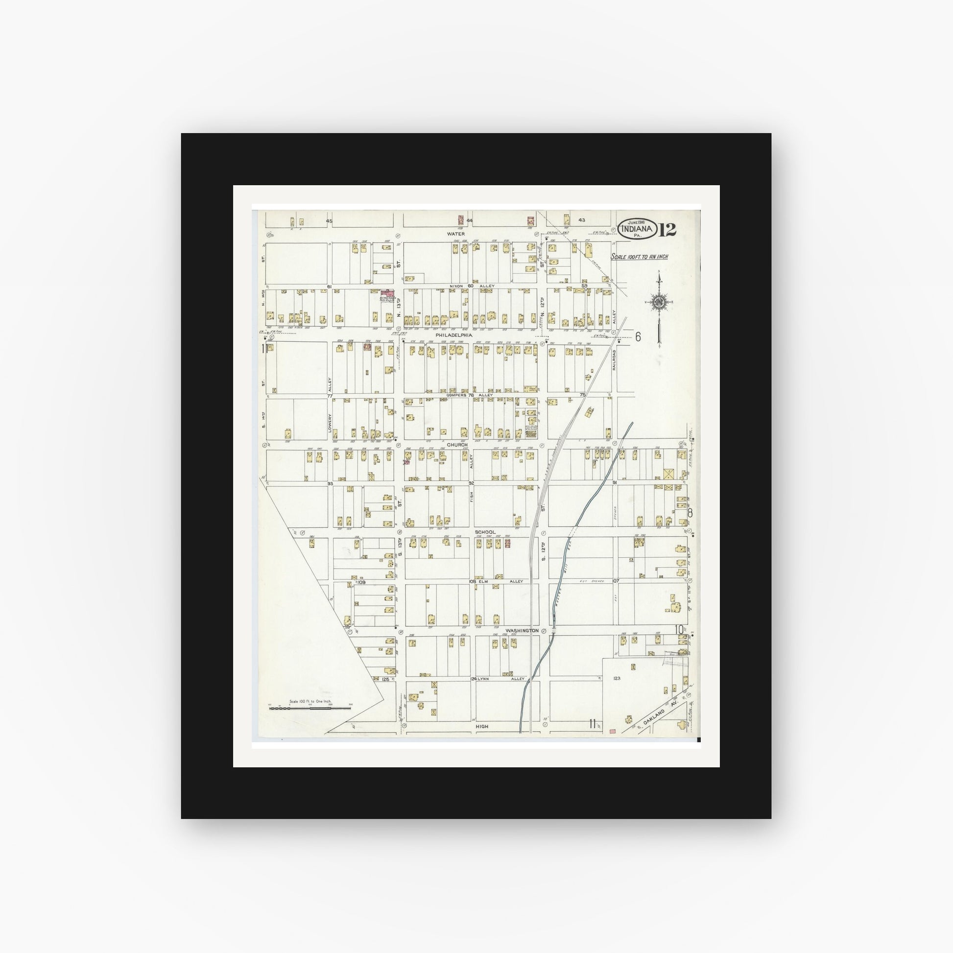 Old map wall art mockup — black gallery frame with white mat — Sanborn Fire Insurance Map from Indiana, Indiana County, Pennsylvania (1916), Sheet #0012