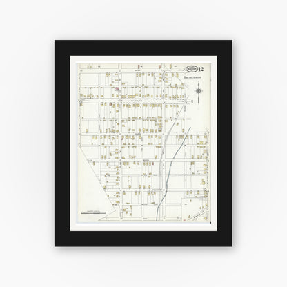 Old map wall art mockup — black gallery frame with white mat — Sanborn Fire Insurance Map from Indiana, Indiana County, Pennsylvania (1916), Sheet #0012