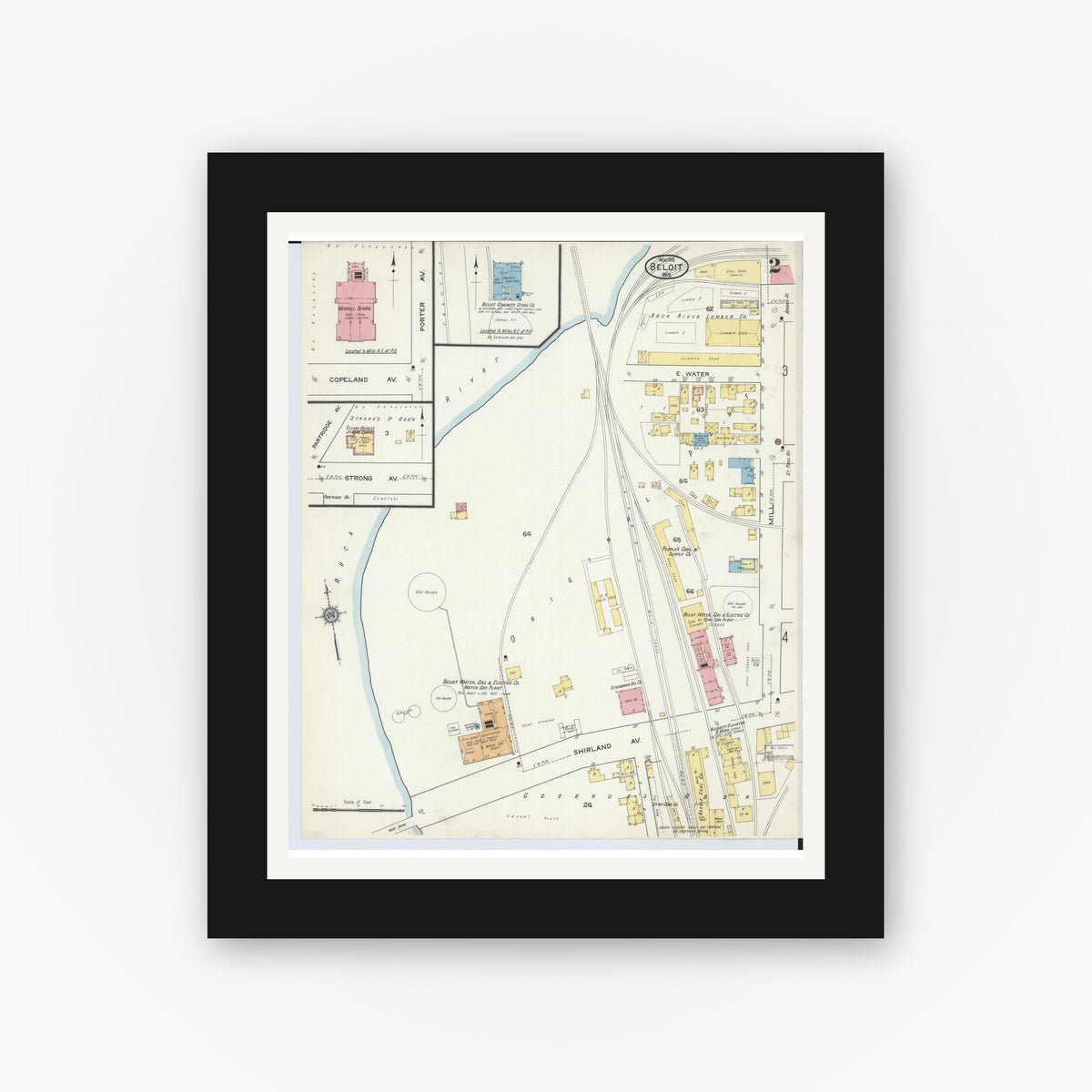 Old map wall art mockup — black gallery frame with white mat — Sanborn Fire Insurance Map from Beloit, Rock County, Wisconsin (1915), Sheet #0002