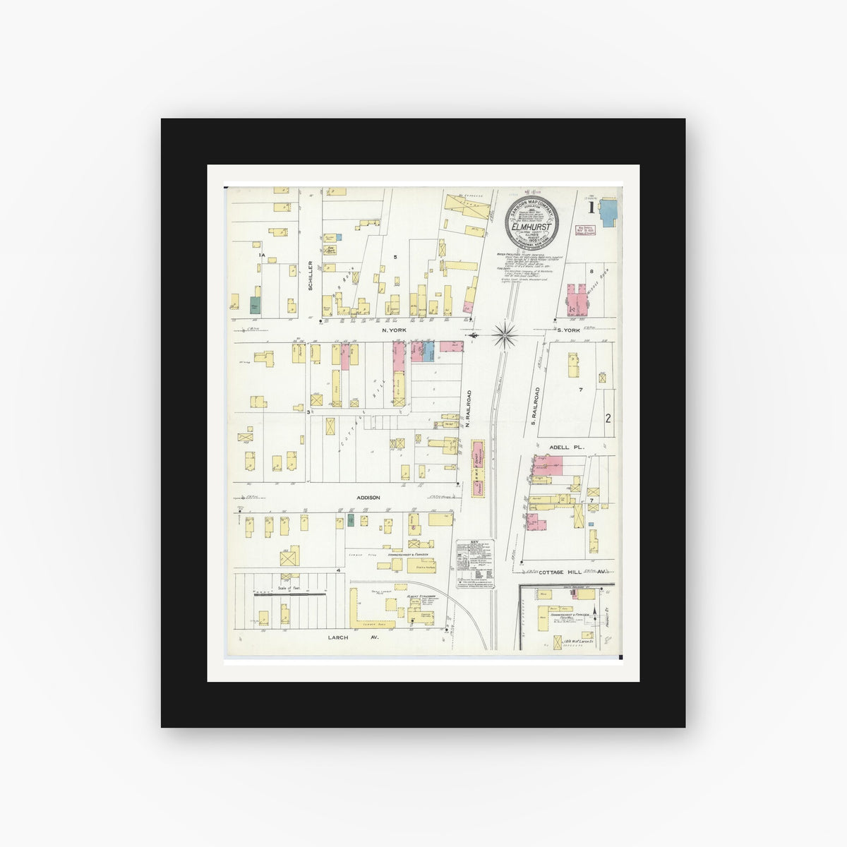 Old map wall art mockup — black gallery frame with white mat — Sanborn Fire Insurance Map from Elmhurst, Du Page County, Illinois (1909), Sheet #0001