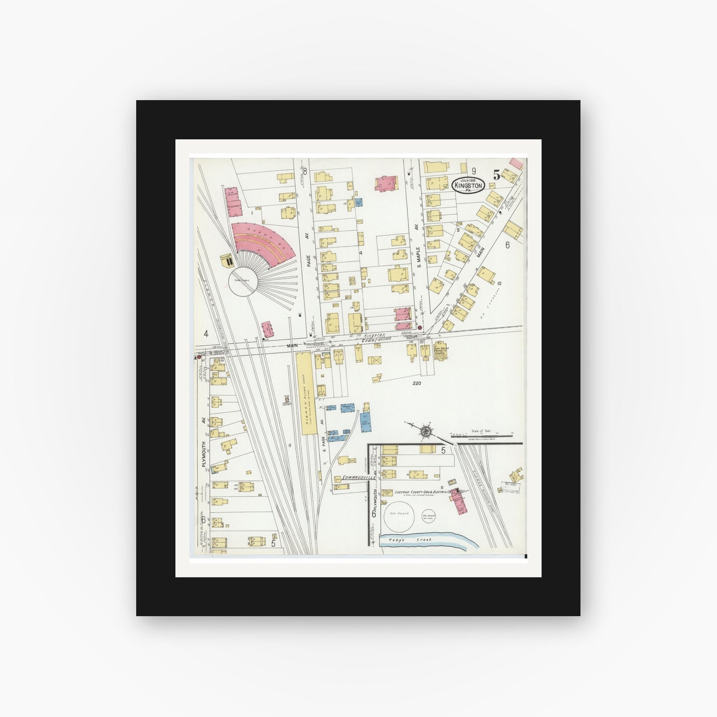 Old map wall art mockup — black gallery frame with white mat — Sanborn Fire Insurance Map from Kingston, Luzerne County, Pennsylvania (1919), Sheet #0005