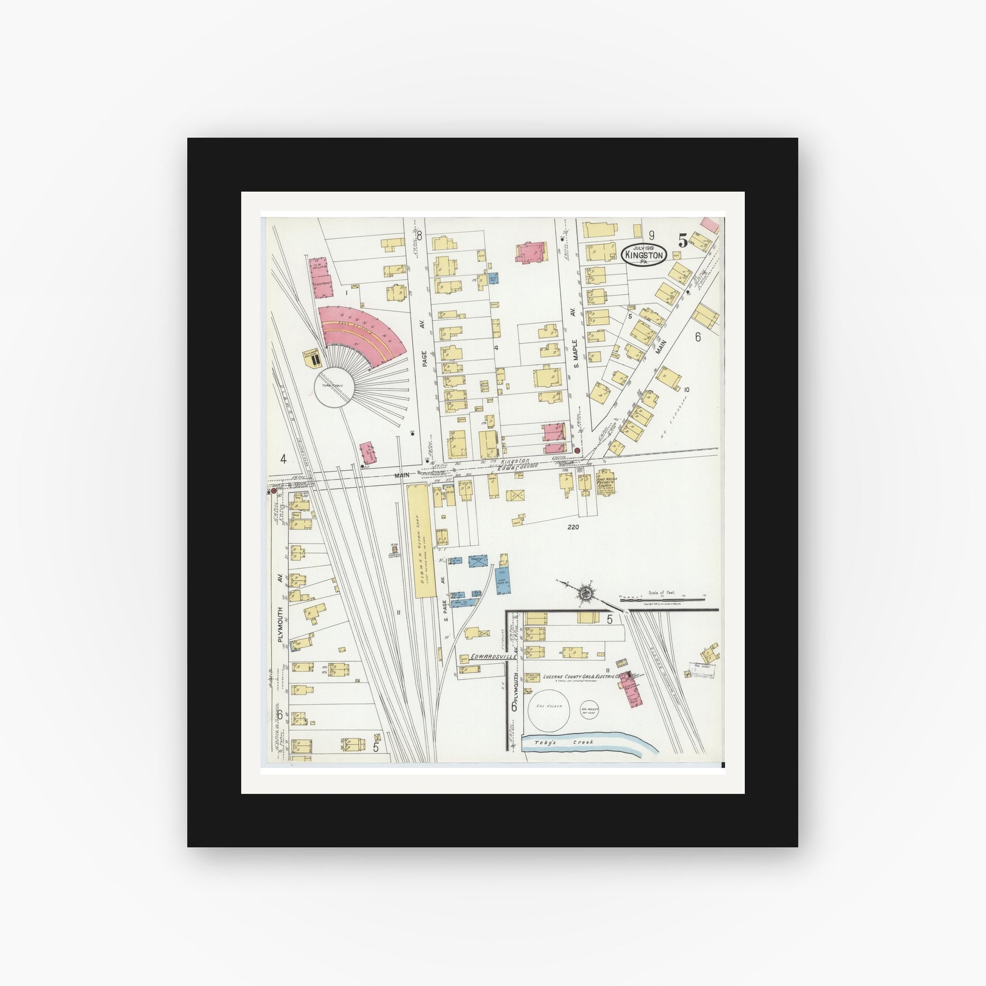 Old map wall art mockup — black gallery frame with white mat — Sanborn Fire Insurance Map from Kingston, Luzerne County, Pennsylvania (1919), Sheet #0005